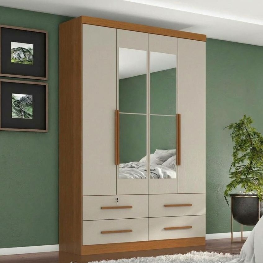 Guarda Roupa Solteiro 4 Portas Com Espelho Mari 154x231 Cm Cinamomo Areia Zanz - imagem 5