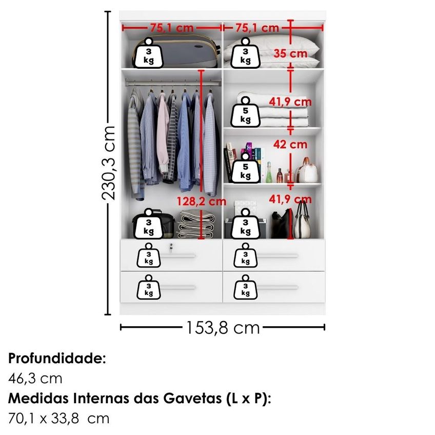 Guarda Roupa Solteiro 4 Portas Com Espelho Mari 154x231 Cm Branco Absoluto Zanz - imagem 3
