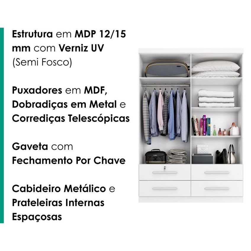 Guarda Roupa Solteiro 4 Portas Com Espelho Mari 154x231 Cm Branco Absoluto Zanz - imagem 4