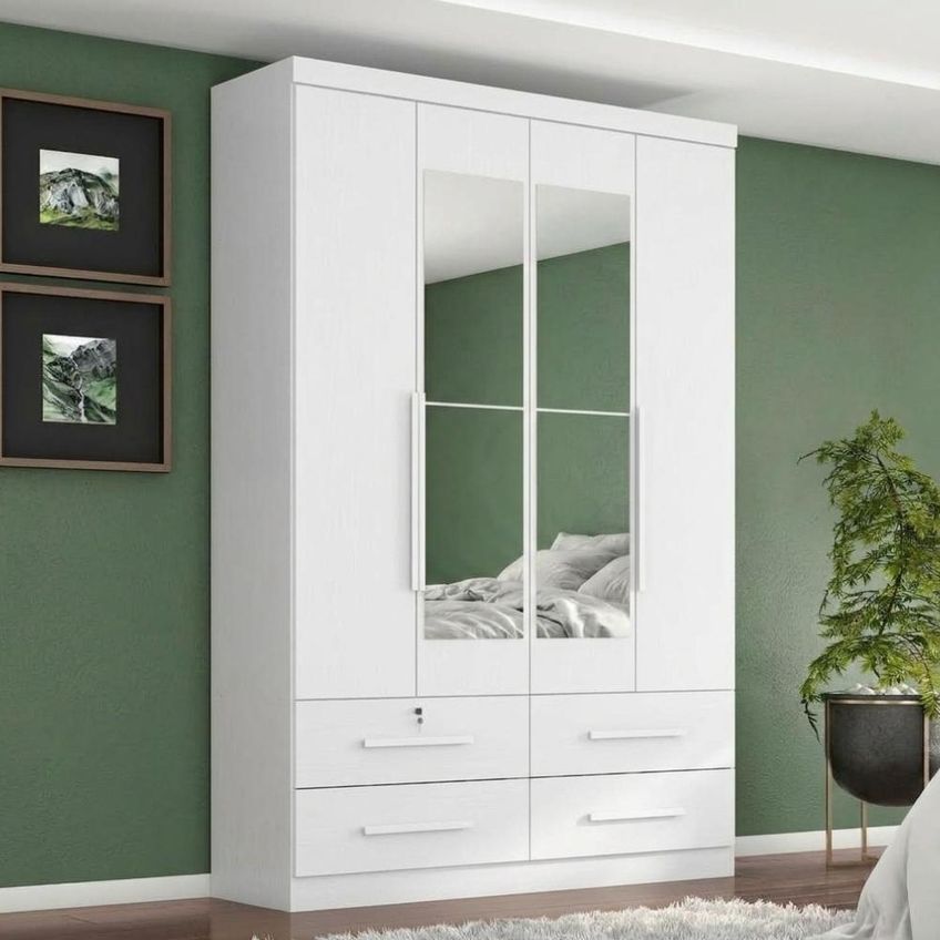 Guarda Roupa Solteiro 4 Portas Com Espelho Mari 154x231 Cm Branco Absoluto Zanz - imagem 5