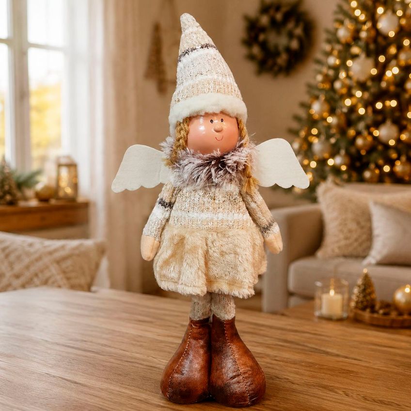 Dupla Boneco Anjo Natalino Rosa Bege Decoração Enfeite 45cm - imagem 3