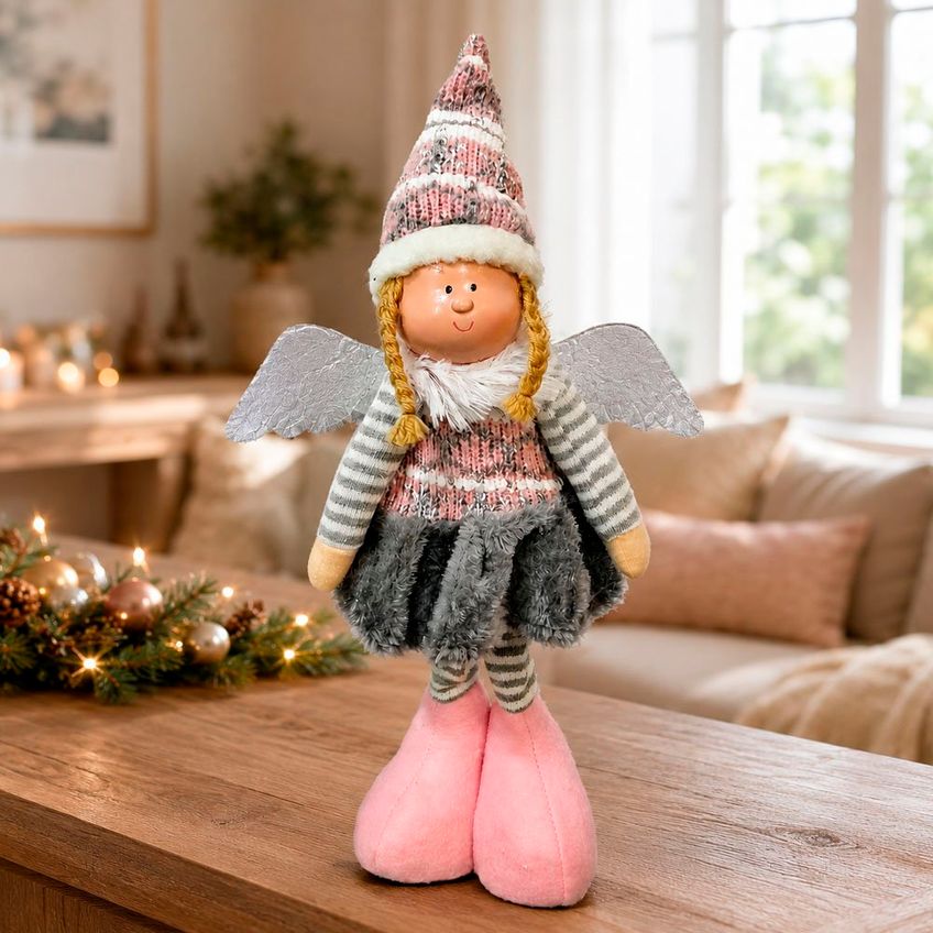 Dupla Boneco Anjo Natalino Rosa Bege Decoração Enfeite 45cm - imagem 4