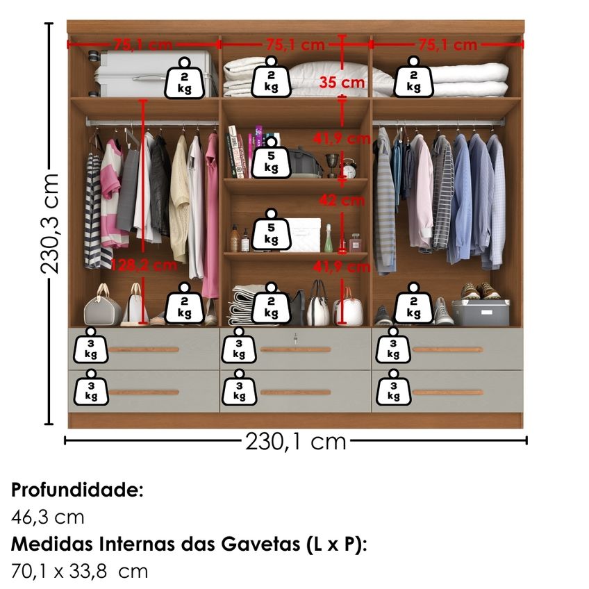 Guarda Roupa Casal 6 Portas Com Espelho Mari 230 Cm Cinamomo Areia Zanz - imagem 3