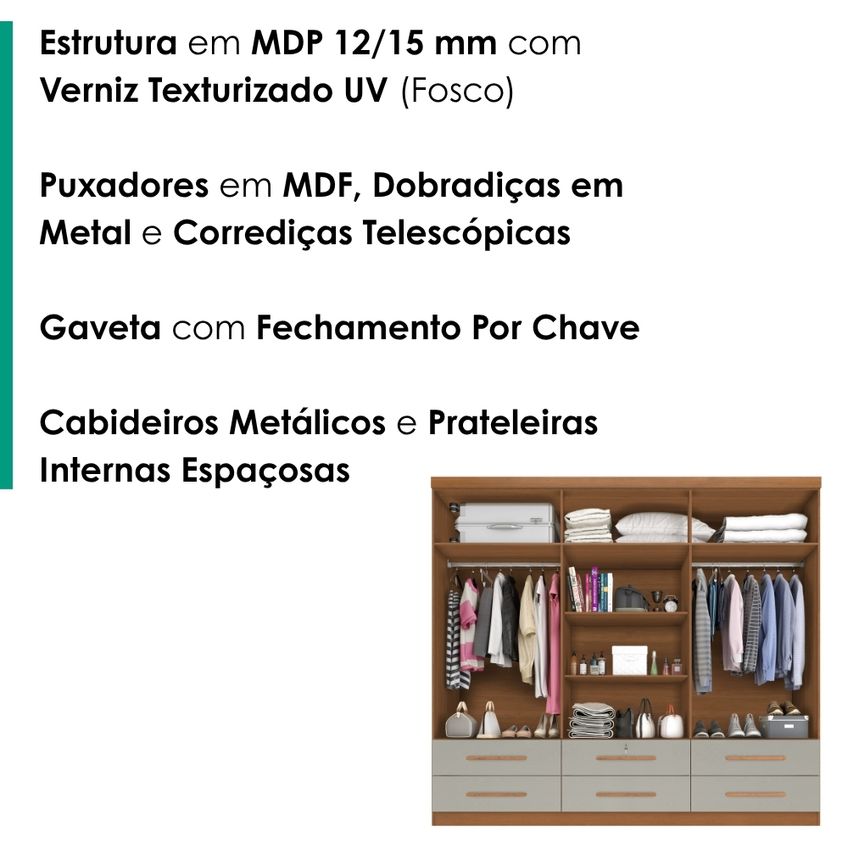 Guarda Roupa Casal 6 Portas Com Espelho Mari 230 Cm Cinamomo Areia Zanz - imagem 4