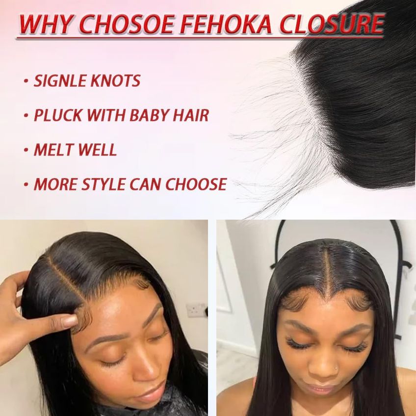 Closure De Cabelo Fehoka 16 Polegadas Body Wave Preto Natural - imagem 4
