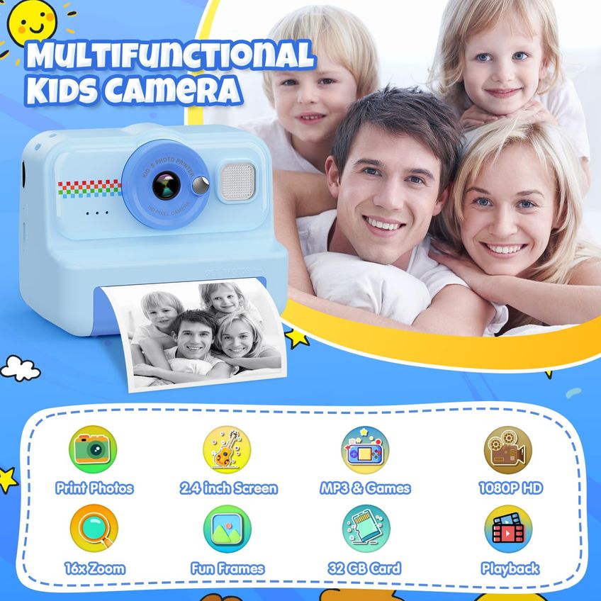 Câmera De Impressão Instantânea Himont Kids 1080p HD Com Cartão De 32 GB Azul - imagem 2