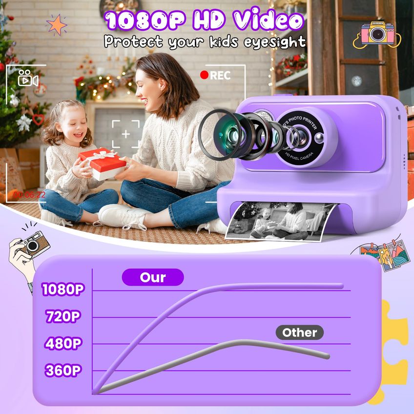 Câmera De Impressão Instantânea Gofunly Kids 1080p HD 32GB Roxa +3Y - imagem 3