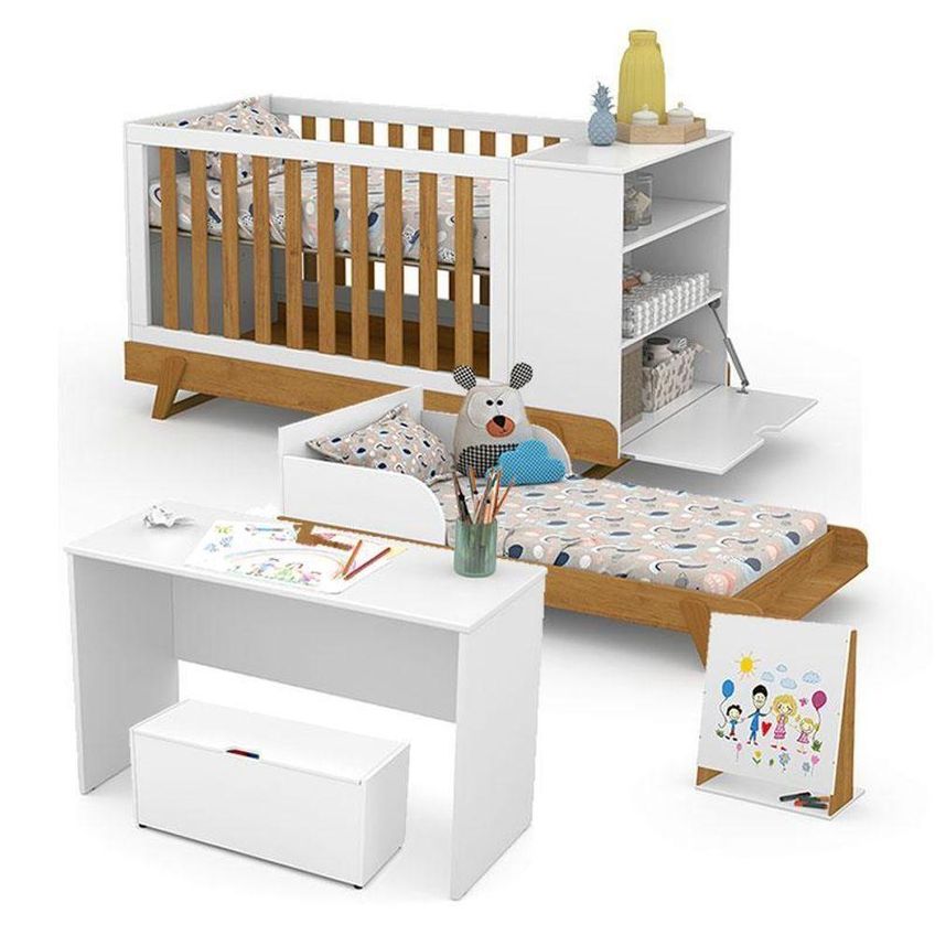Kit Berço Multifuncional Bkids Cômoda Mdf Colchão Incluso Branco Matic Móveis - imagem 3