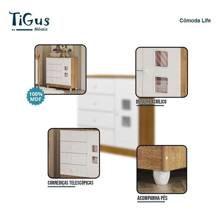 Cômoda Life 4 Gavetas MDF Puxador Plástico Branco Acetinado Tigus Móveis - imagem 3