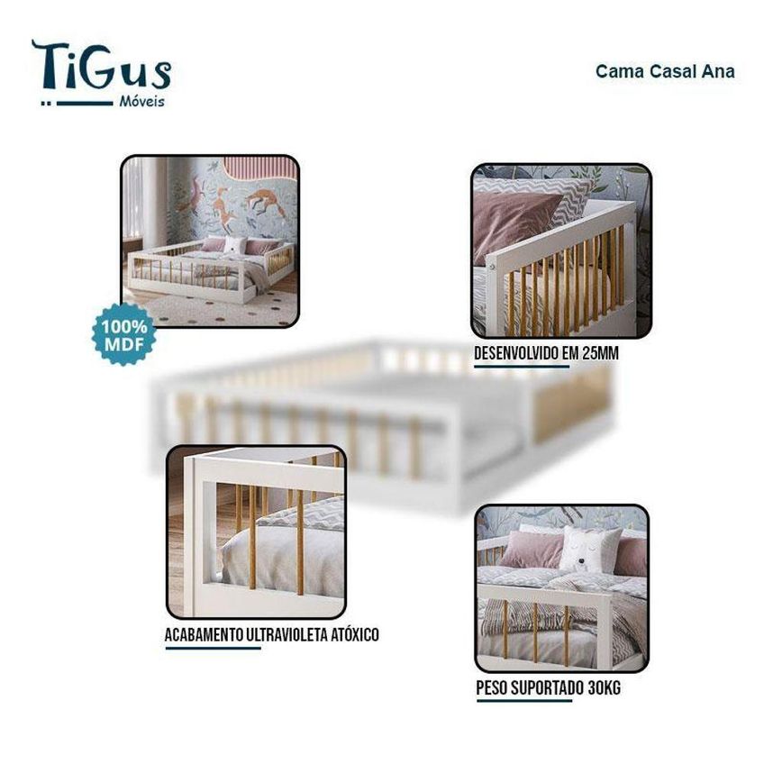 Cama Montessoriana Casal Ana MDF Branco Amadeirado Tigus Móveis - imagem 3