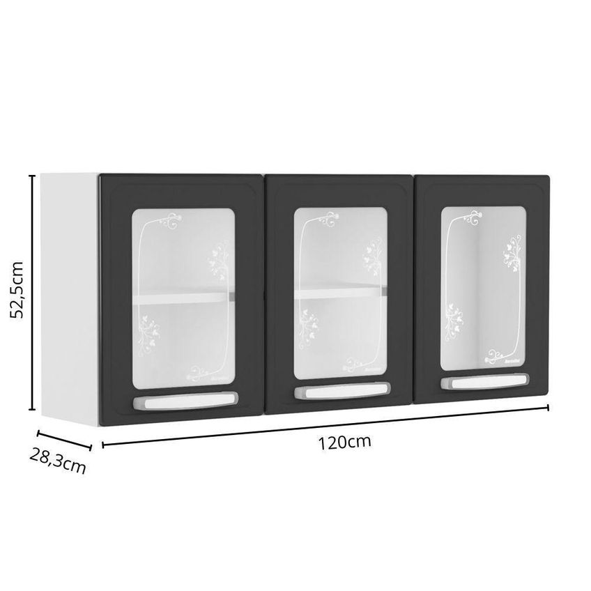 Armário Aéreo De Cozinha Evidence 120cm 3 Portas Aço Vidro Preto Bertolini - imagem 4