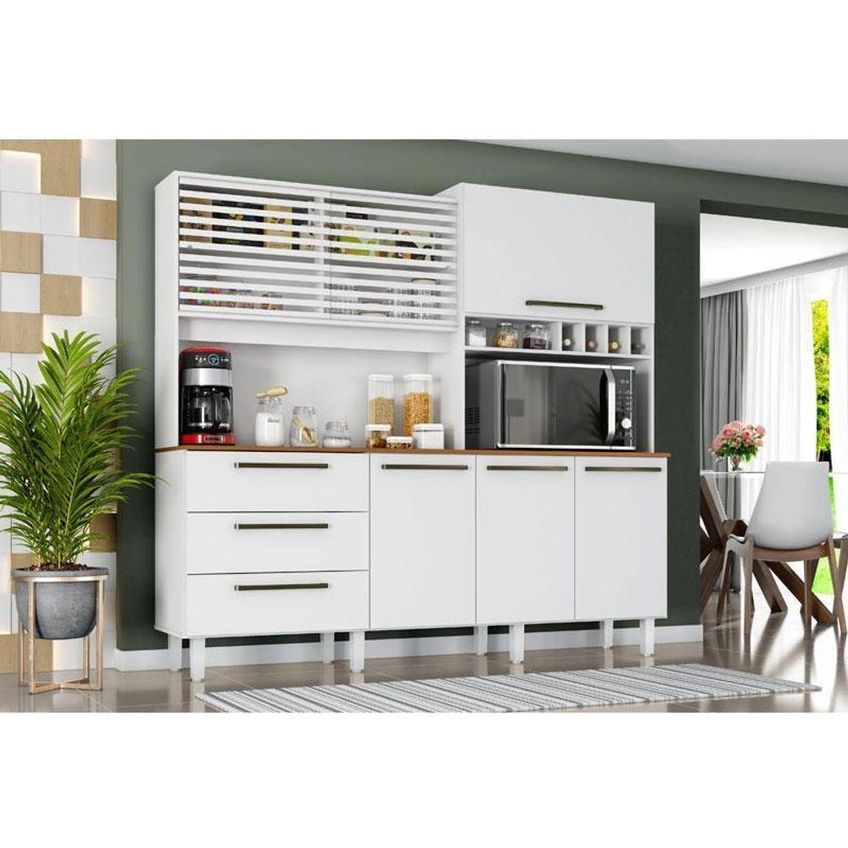 Armário Para Cozinha Kit Mega 6 Portas 3 Gavetas 207,4cm Branco Fosco Brilho Zanzini Móveis - imagem 4