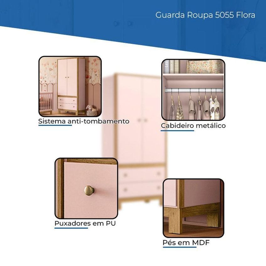 Guarda Roupa Infantil Flora 5055 Com Cômoda 4 Gavetas Rosa Acetinado Qmovi - imagem 2