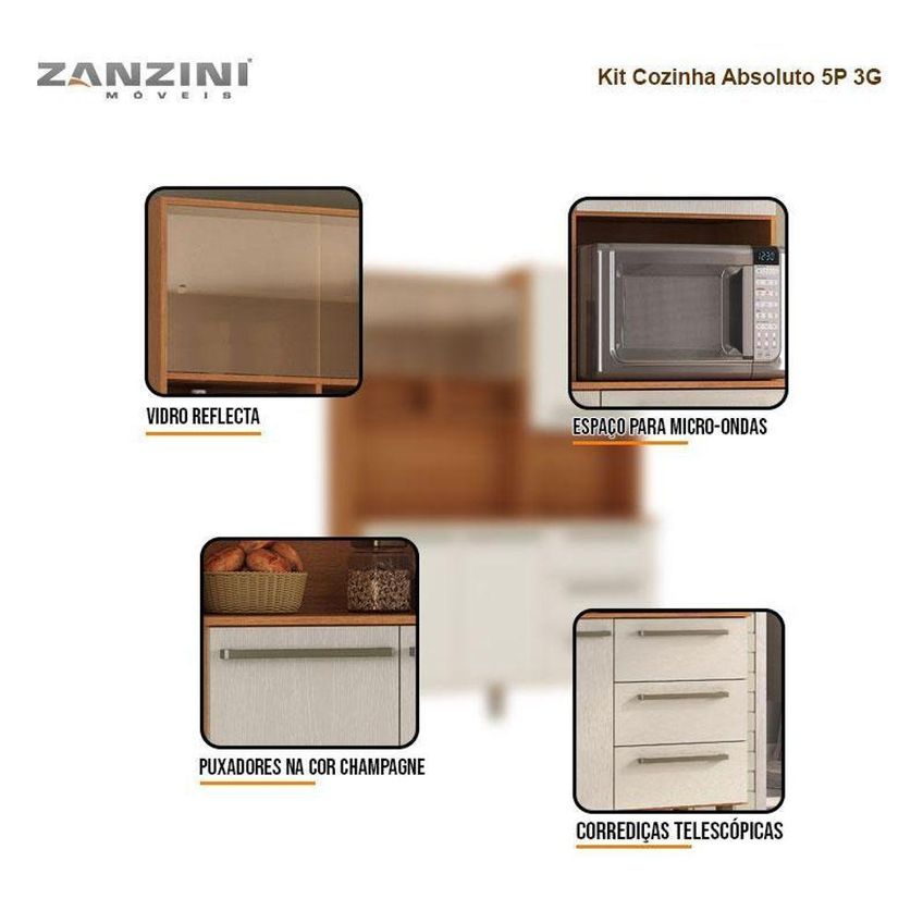 Armário Para Cozinha Kit Absoluto 5 Portas 3 Gavetas 135cm Cinamomo Areia Fosco Zanzini Móveis - imagem 3