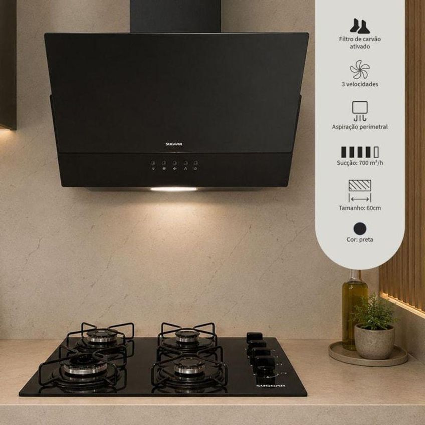 Coifa De Parede Suggar Rubi Vidro Inclinado 60cm Led Preto 110v - imagem 3