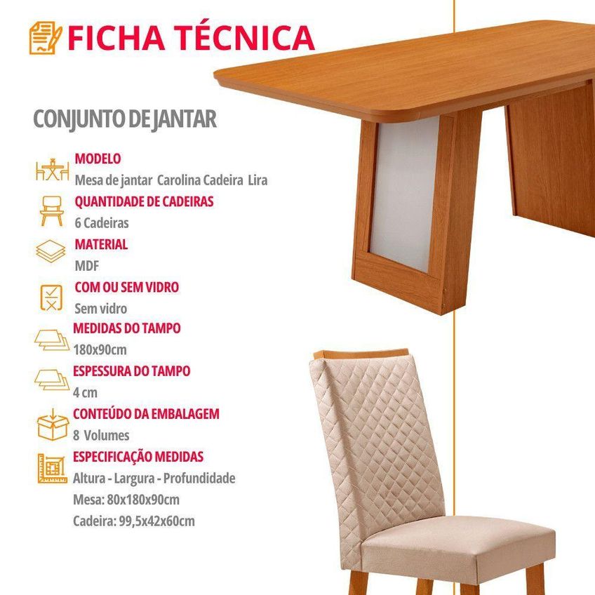 Mesa De Jantar Carolina 6 Lugares Tampo Laminado Creme Off White 180cm Moderna - imagem 3