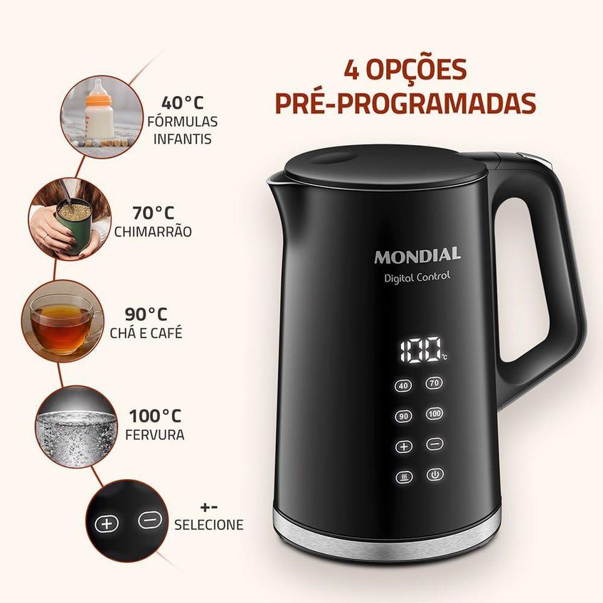 Chaleira Elétrica Mondial CE-18-DP 1,7L Preto Digital Control 220V - imagem 3