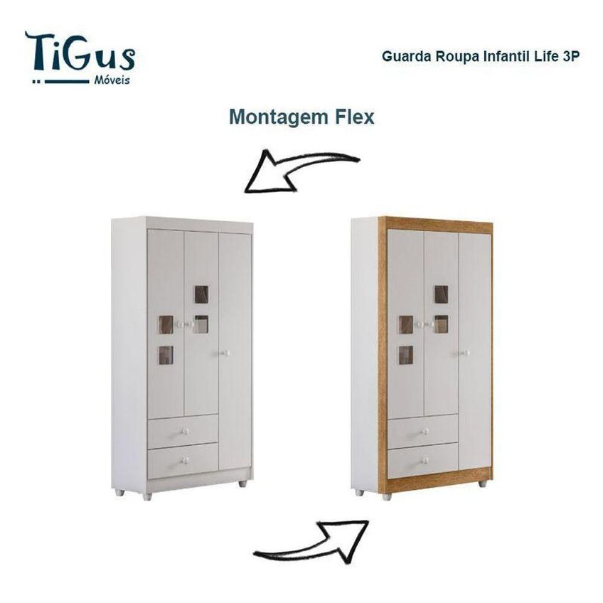 Guarda Roupa Infantil Life 3 Portas Giratórias 2 Gavetas MDF Branco Flex Tigus Móveis 90cm - imagem 4