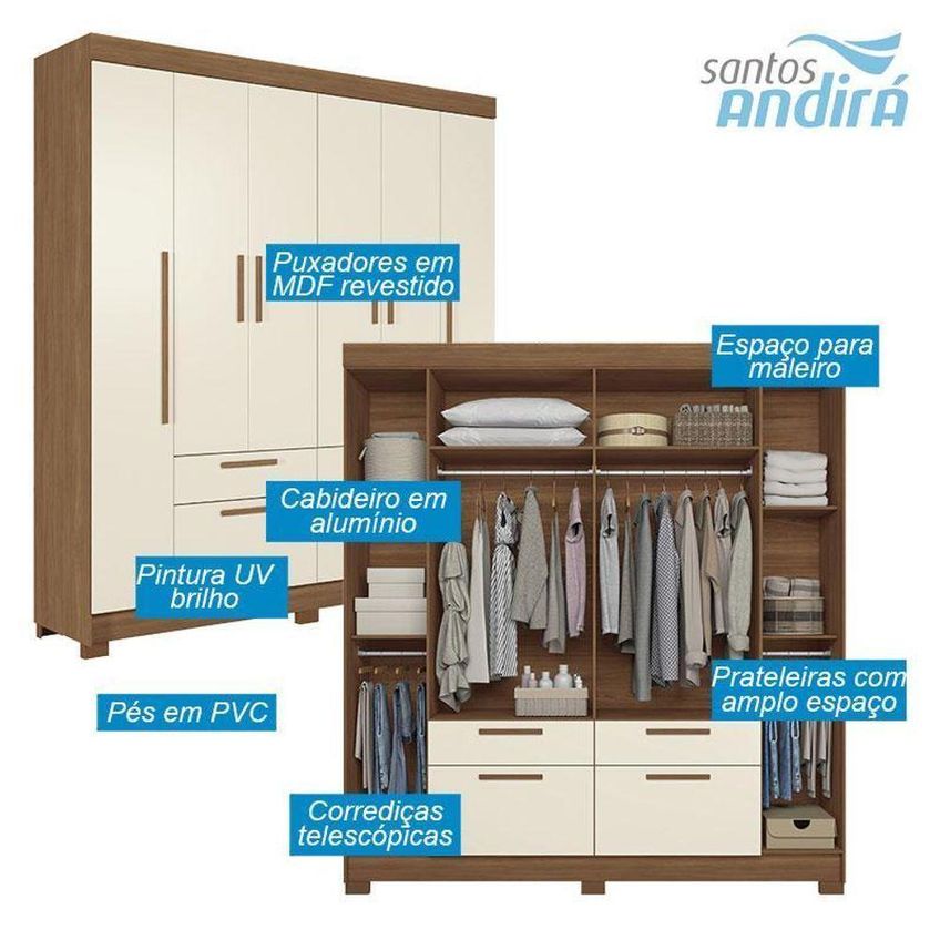 Guarda Roupa Casal Guarapuava 6 Portas De Bater 4 Gavetas Mdp Jatobá Areia Acetinado Com Cômoda - imagem 4