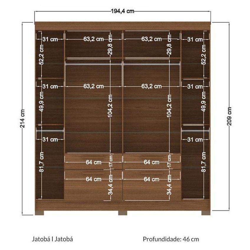 Guarda Roupa Casal Guarapuava 6 Portas 6 Gavetas Mdp Jatobá Acetinado Com Cômoda Marabá Santos - imagem 4