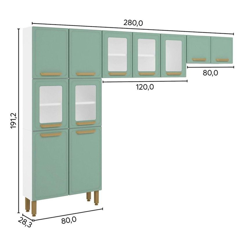 Cozinha Compacta Bella 11 Portas Sem Gavetas Aço 280cm Verde Com Vidro Bertolini - imagem 3