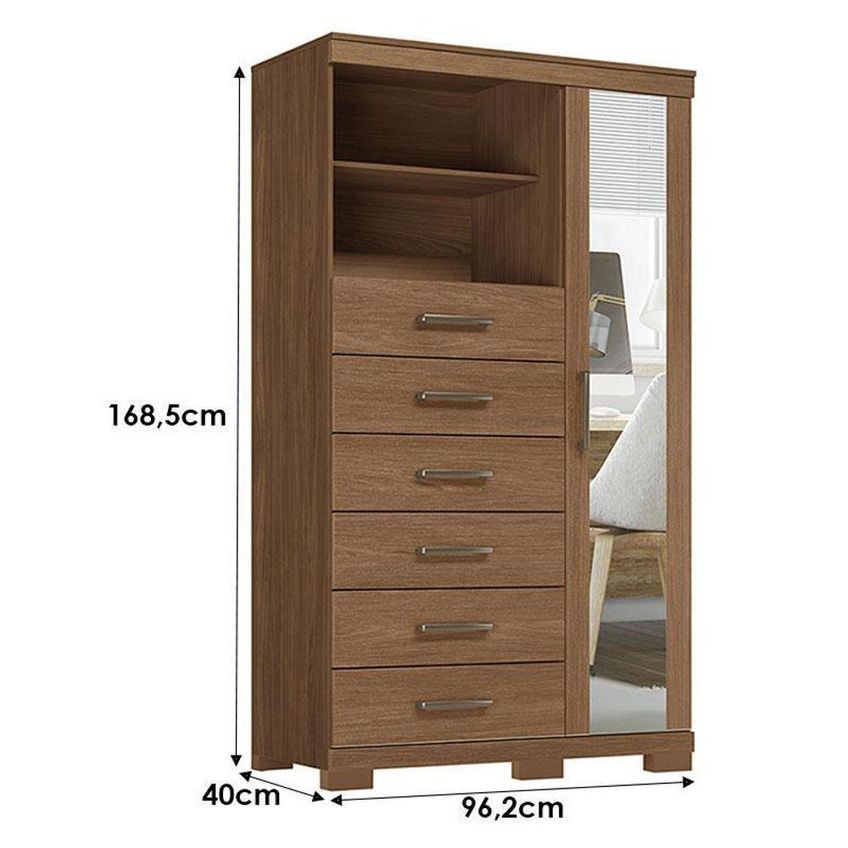 Guarda Roupa Casal Toledo 6 Portas De Bater Com Espelho E Cômoda 1 Porta 6 Gavetas Mdp Jatobá - imagem 3