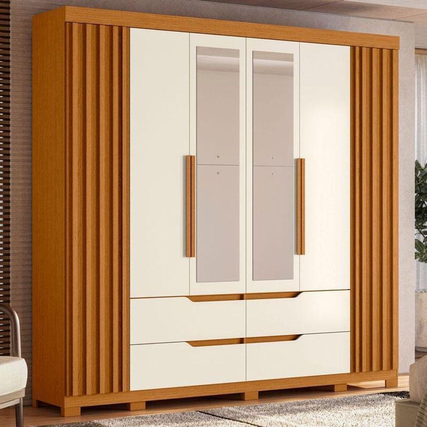 Kit Guarda Roupa Casal Doble 6 Portas Com Espelho E Cômoda Xangai 6 Gavetas Cinamomo Off White - imagem 3