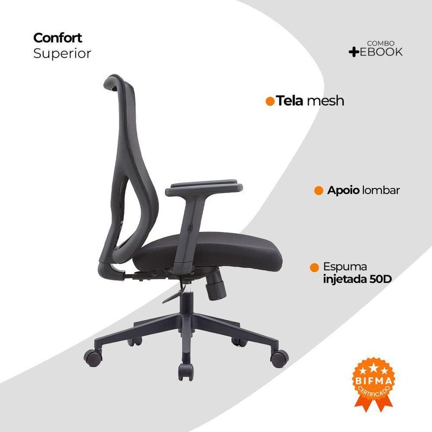 Cadeira Diretor Oficial Comfort Corporate Pro Mesh Encosto Tela Assento Tecido Base Giratória Preto - imagem 3