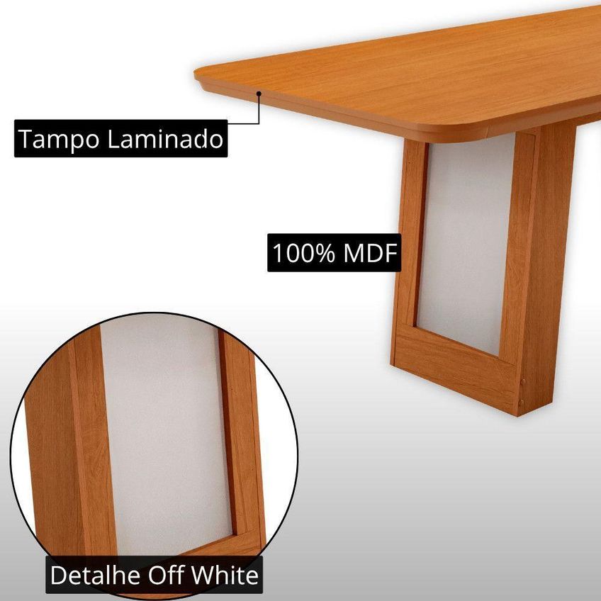 Conjunto De Jantar Carolina Laminado 6 Lugares Canto Copo Off White 180cm Moderna - imagem 3