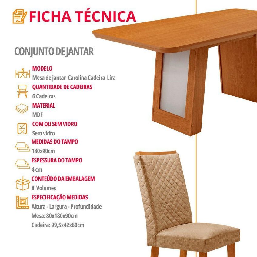 Conjunto De Jantar Carolina Laminado 6 Lugares Canto Copo Off White 180cm Moderna - imagem 4