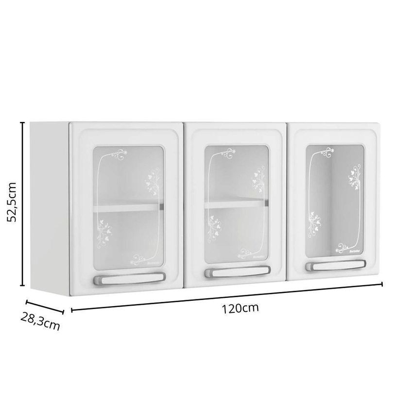 Armário Aéreo De Cozinha Evidence 120cm 3 Portas Aço Vidro Branco Bertolini - imagem 3