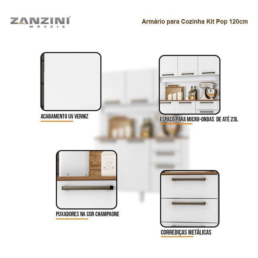 Armário Para Cozinha Kit Pop 6 Portas 2 Gavetas 120cm Branco Fosco Brilho Zanzini Móveis - imagem 3