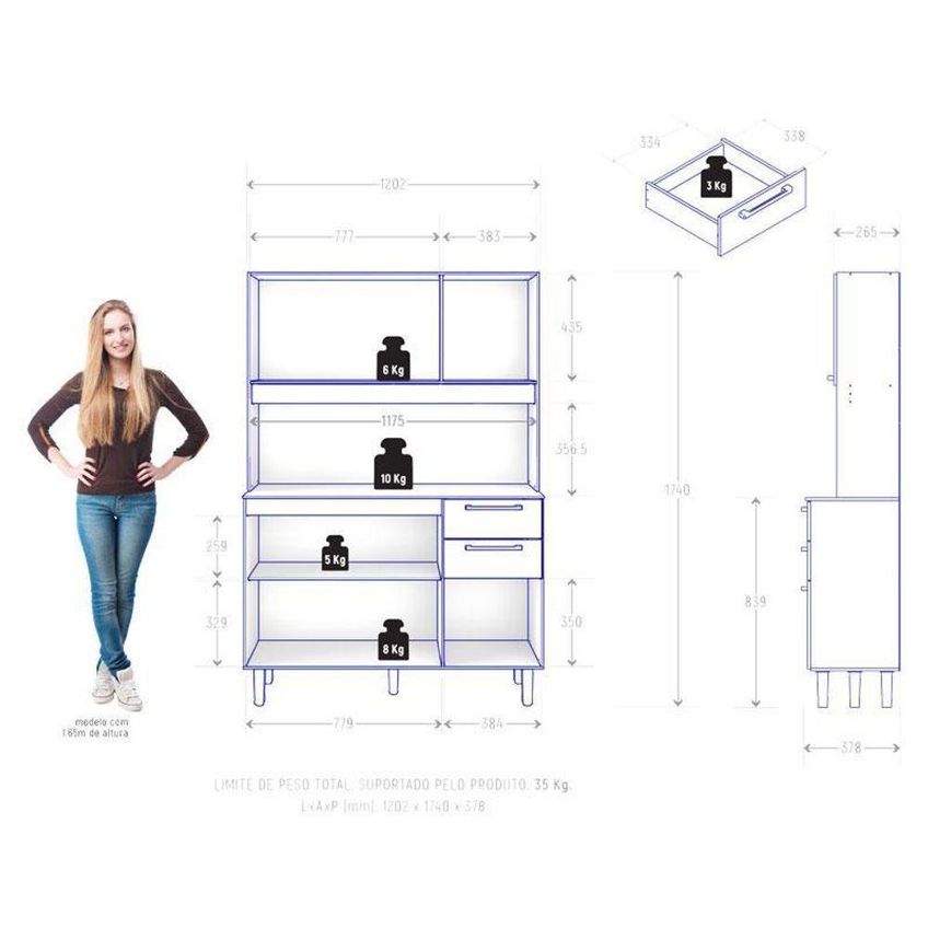 Armário Para Cozinha Kit Pop 6 Portas 2 Gavetas 120cm Branco Fosco Brilho Zanzini Móveis - imagem 4