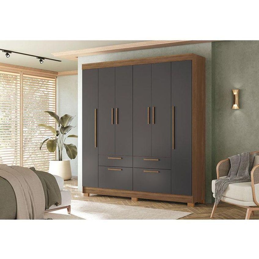 Guarda Roupa Casal Guarapuava 6 Portas De Bater 6 Gavetas Mdp Cômoda 1 Porta Espelho Jatobá Grafite - imagem 4