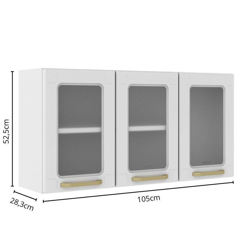Armário Aéreo De Cozinha 6010 105cm 3 Portas Aço Vidro Branco Bertolini - imagem 4