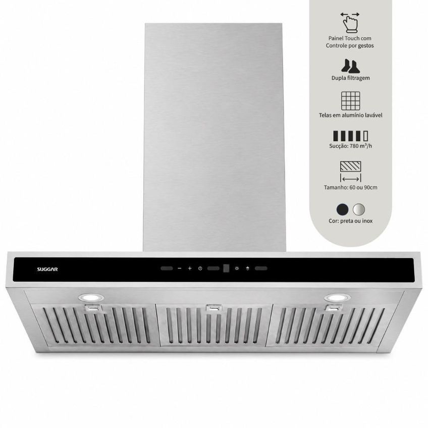 Coifa De Parede Suggar Tp1491ix 90cm Inox Painel Touch Led 110v - imagem 3