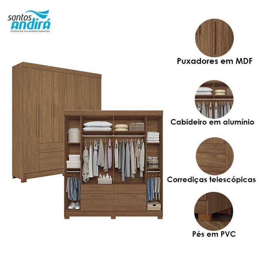 Guarda Roupa Casal Guarapuava 6 Portas De Bater 4 Gavetas Mdp Jatobá Acetinado Santos Andirá - imagem 5