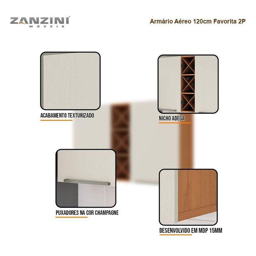 Armário Aéreo Favorita 120cm 2 Portas MDP Cinamomo Areia Fosco Zanzini Móveis - imagem 3