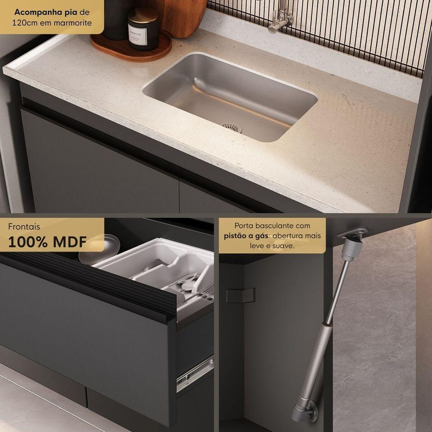 Armário De Cozinha Modulada Completa Com Pia Suspensa 313cm Milano Multimóveis Mcr2404 Grafite/creme - imagem 3