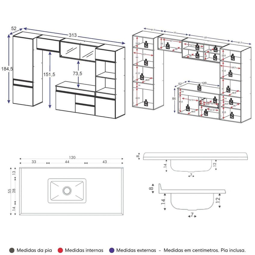 Armário De Cozinha Modulada Completa Com Pia Suspensa 313cm Milano Multimóveis Mcr2404 Grafite/creme - imagem 4