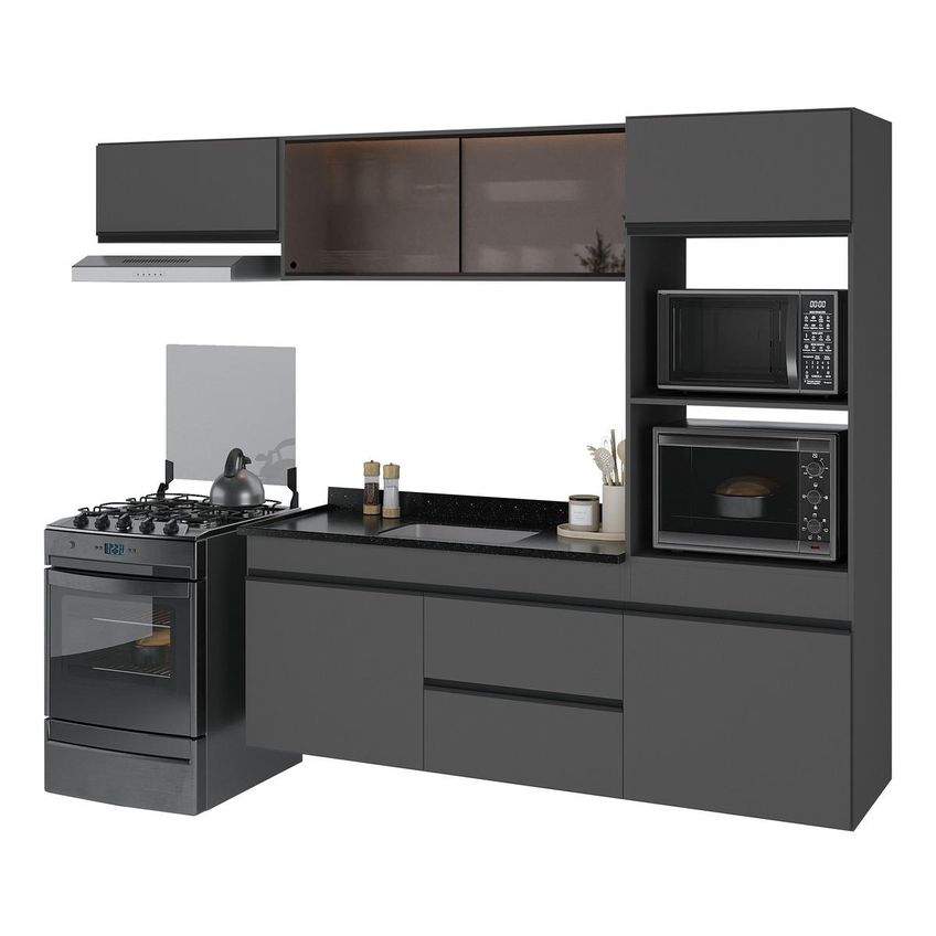 Armário De Cozinha Modulada Completa Com Pia Suspensa 251,5cm Milano Multimóveis Mcr2405 Grafite/preto - imagem 2