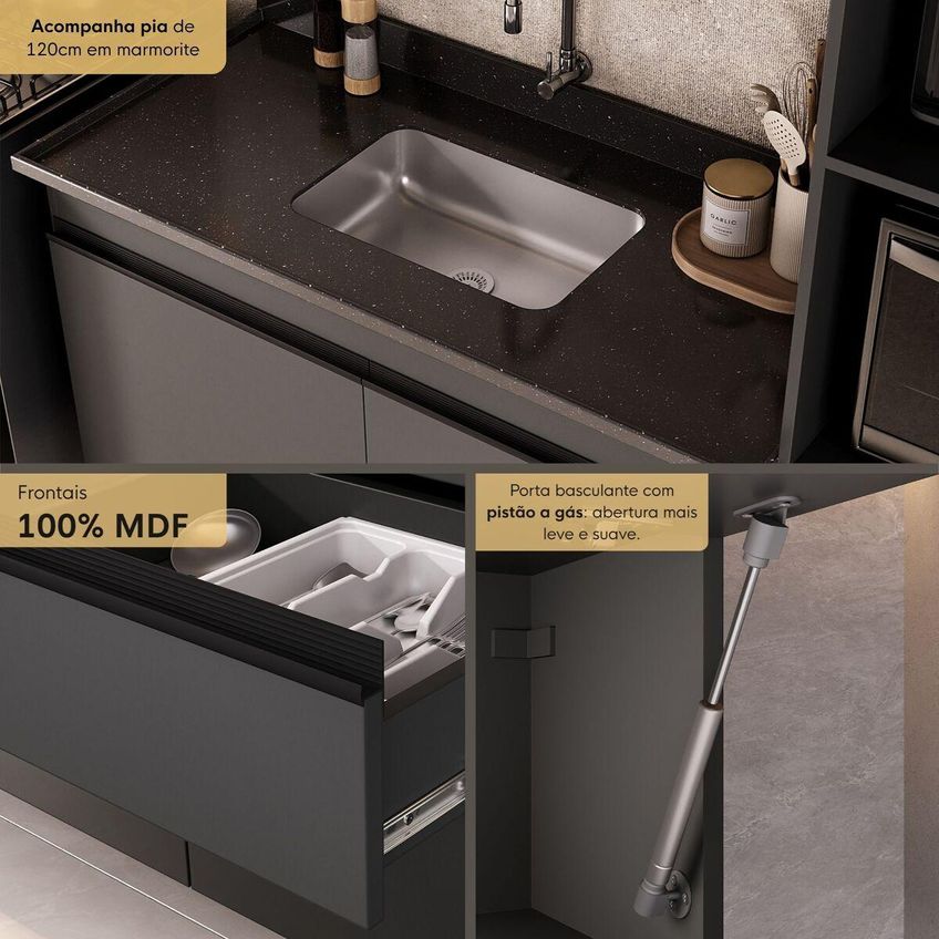 Armário De Cozinha Modulada Completa Com Pia Suspensa 251,5cm Milano Multimóveis Mcr2405 Grafite/preto - imagem 3