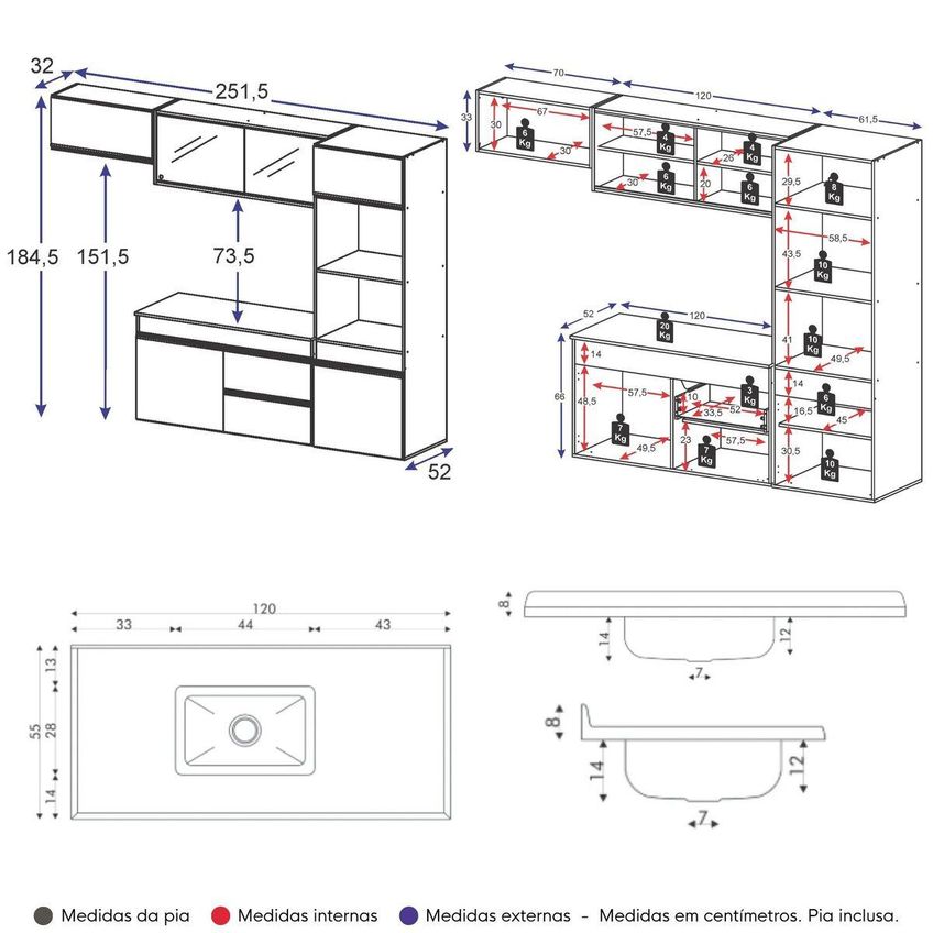 Armário De Cozinha Modulada Completa Com Pia Suspensa 251,5cm Milano Multimóveis Mcr2405 Grafite/preto - imagem 4