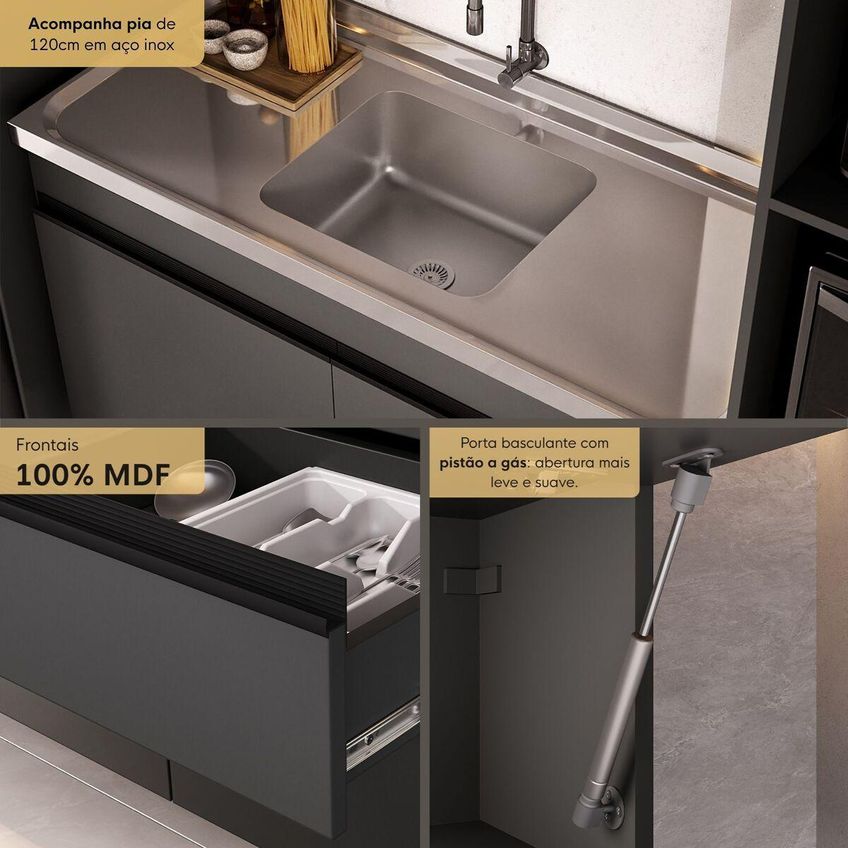 Armário De Cozinha Modulada Completa Com Pia Suspensa 313cm Milano Multimóveis Mcr2465 Grafite - imagem 3