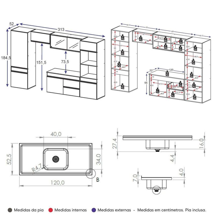 Armário De Cozinha Modulada Completa Com Pia Suspensa 313cm Milano Multimóveis Mcr2465 Grafite - imagem 4