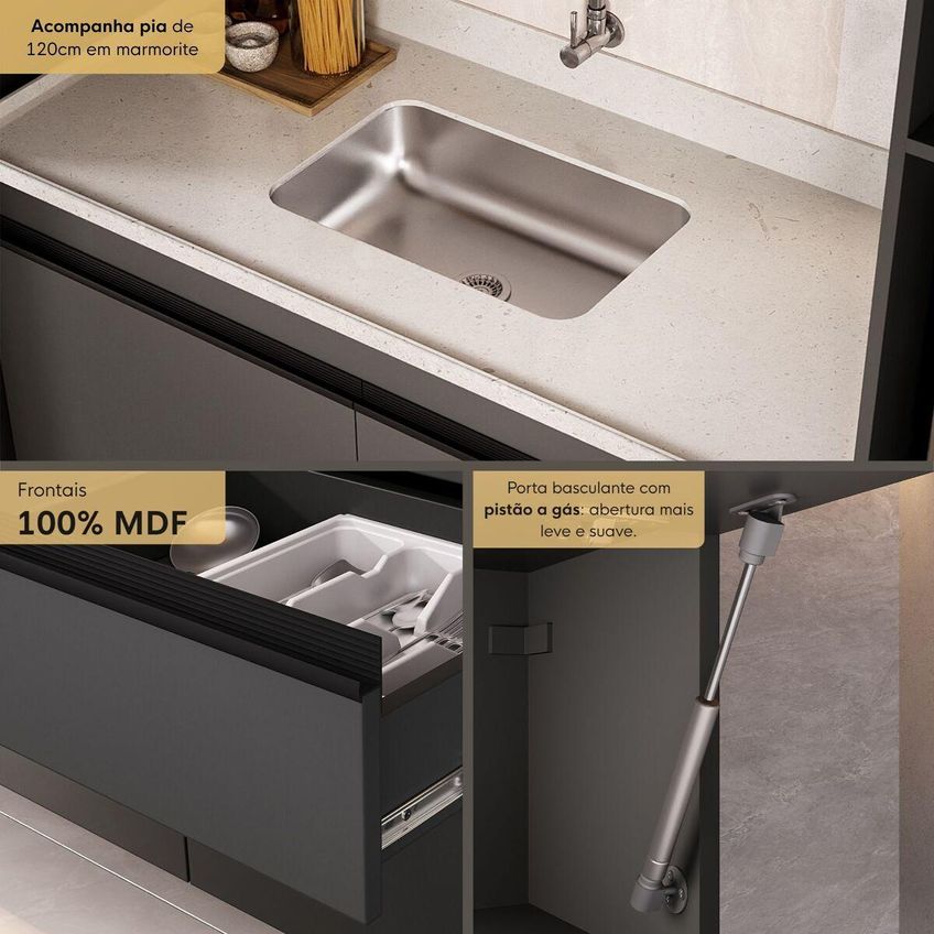Armário De Cozinha Modulada Completa Com Pia 313cm Milano Multimóveis Mcr2394 Grafite/creme - imagem 3