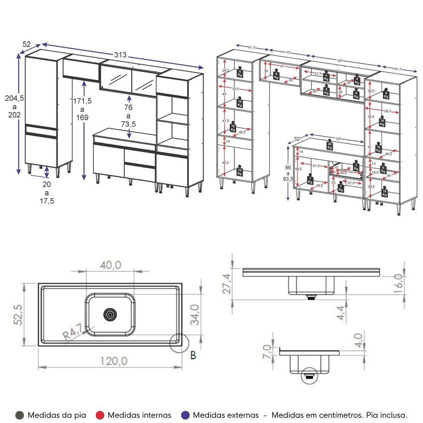 Armário de Cozinha Modulada Completa com Pia 313cm Milano Multimóveis MCR2464 Grafite - imagem 4