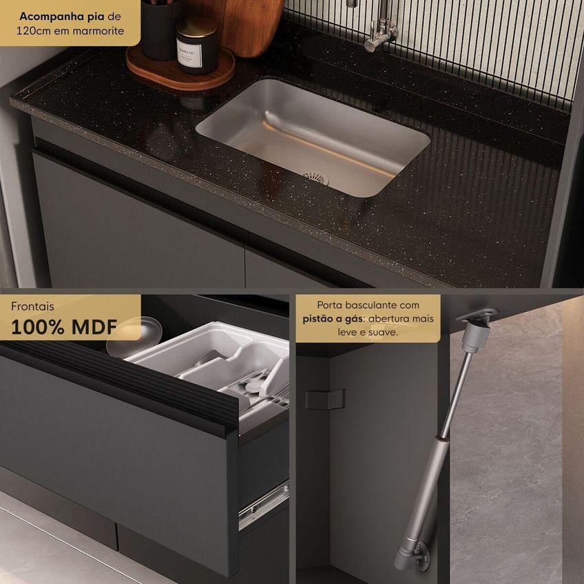 Armário De Cozinha Modulada Completa Com Pia Suspensa 313cm Milano Multimóveis Mcr2404 Grafite/preto - imagem 3