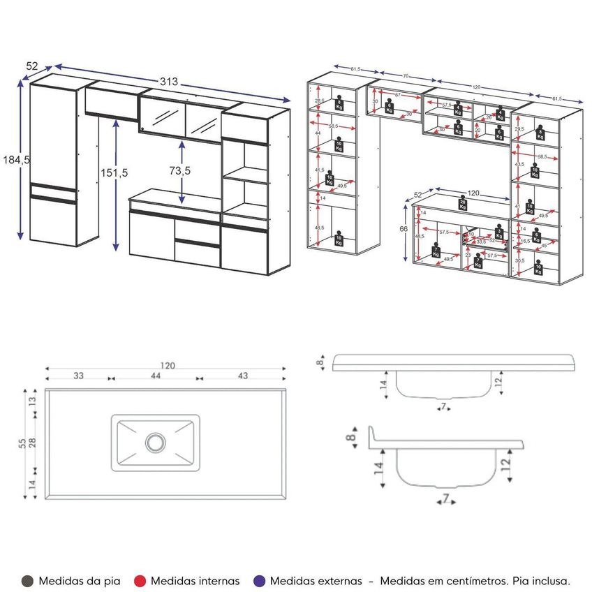Armário De Cozinha Modulada Completa Com Pia Suspensa 313cm Milano Multimóveis Mcr2404 Grafite/preto - imagem 4