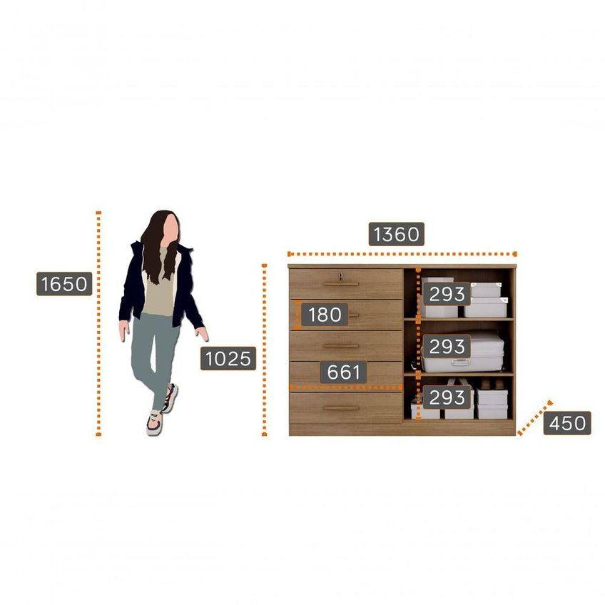Cômoda Space 5 Gavetas MDF-MDP Puxadores Metálicos Café Móveis Novo Horizonte - imagem 3